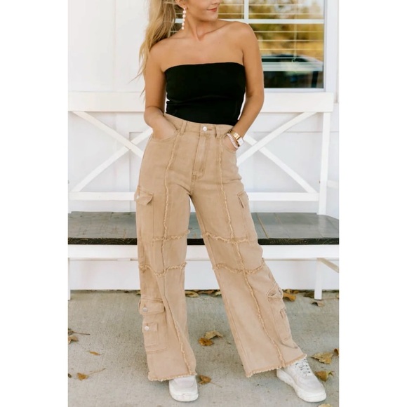 POL Reverse Seamed Relaxed Fit Straight Wide Leg Cargo Jeans in Coffee - Picture 5 of 13